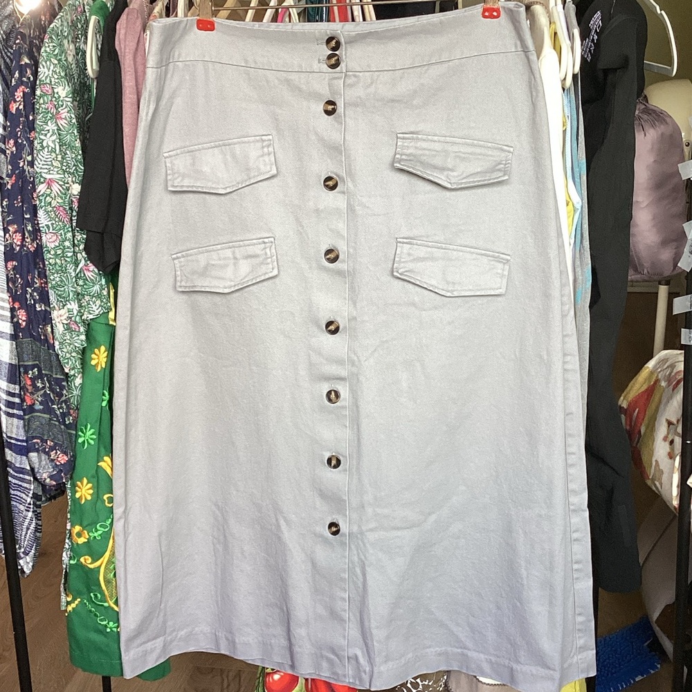 Anthropologie Light Gray Front-Button Midi Skirt
